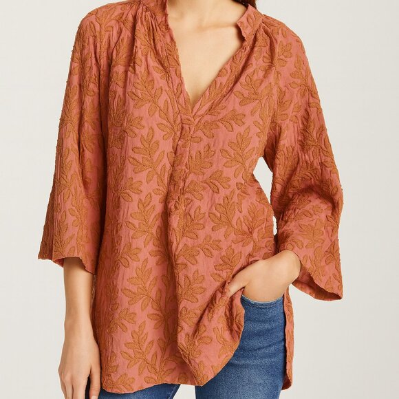 Anthropologie Embroidered Leaves Pink Popover Fall Blouse Top Womens Size Large - Picture 1 of 5
